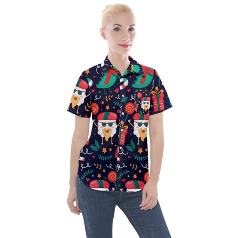 Colorful Funny Christmas Pattern Cute Cartoon Women s Short Sleeve Pocket Shirt by Vaneshart