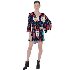 Colorful Funny Christmas Pattern Cute Cartoon V-neck Flare Sleeve Mini Dress