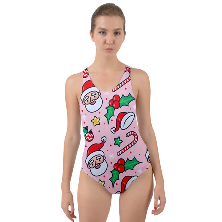 Colorful Funny Christmas Pattern Santa Claus Cut-Out Back One Piece Swimsuit