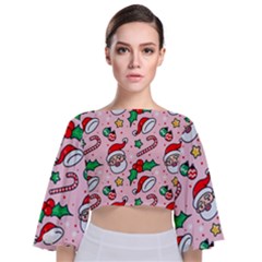 Colorful Funny Christmas Pattern Santa Claus Tie Back Butterfly Sleeve Chiffon Top by Vaneshart