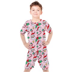 Colorful Funny Christmas Pattern Santa Claus Kids  Tee And Shorts Set by Vaneshart