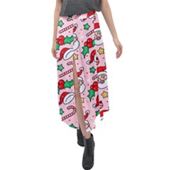 Colorful Funny Christmas Pattern Santa Claus Velour Split Maxi Skirt by Vaneshart