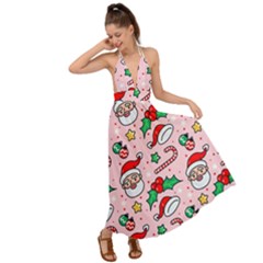 Colorful Funny Christmas Pattern Santa Claus Backless Maxi Beach Dress