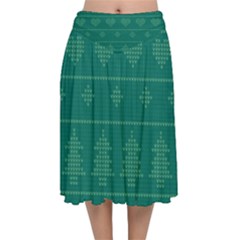 Beautiful Knitted Christmas Pattern Green Velvet Flared Midi Skirt