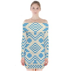 Beautiful Knitted Christmas Pattern Blue White Long Sleeve Off Shoulder Dress