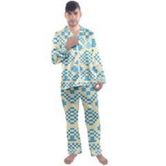 Beautiful Knitted Christmas Pattern Blue White Men s Satin Pajamas Long Pants Set