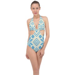 Beautiful Knitted Christmas Pattern Blue White Halter Front Plunge Swimsuit by Vaneshart