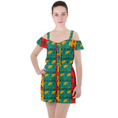 Hand Drawn Christmas Pattern Collection Pattern Ruffle Cut Out Chiffon Playsuit by Vaneshart