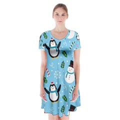 Colorful Funny Christmas Pattern Cartoon Short Sleeve V-neck Flare Dress by Vaneshart