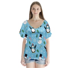 Colorful Funny Christmas Pattern Cartoon V-neck Flutter Sleeve Top by Vaneshart