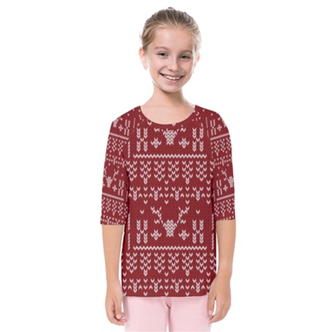 Beautiful Knitted Christmas Pattern Red Kids  Quarter Sleeve Raglan Tee by Vaneshart