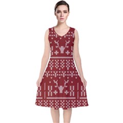 Beautiful Knitted Christmas Pattern Red V-neck Midi Sleeveless Dress  by Vaneshart