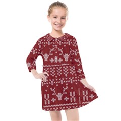 Beautiful Knitted Christmas Pattern Red Kids  Quarter Sleeve Shirt Dress by Vaneshart