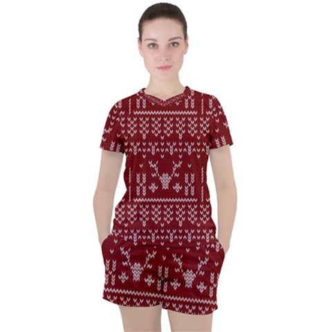 Beautiful Knitted Christmas Pattern Red Women s Tee And Shorts Set by Vaneshart