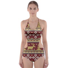 Beautiful Knitted Christmas Pattern Xmas Cut-out One Piece Swimsuit by Vaneshart