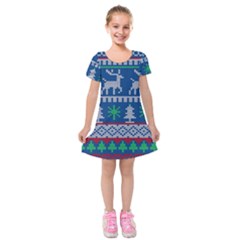 Knitted Christmas Pattern Kids  Short Sleeve Velvet Dress by Vaneshart