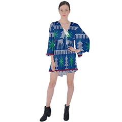 Knitted Christmas Pattern V-neck Flare Sleeve Mini Dress