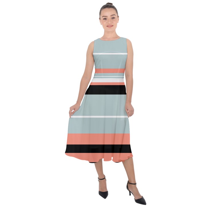 Bandes Orange/Bleu/Noir Midi Tie-Back Chiffon Dress