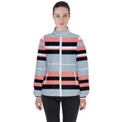 Bandes Orange/bleu/noir Women s High Neck Windbreaker by kcreatif