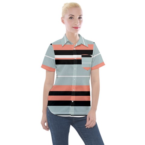 Bandes Orange/bleu/noir Women s Short Sleeve Pocket Shirt by kcreatif