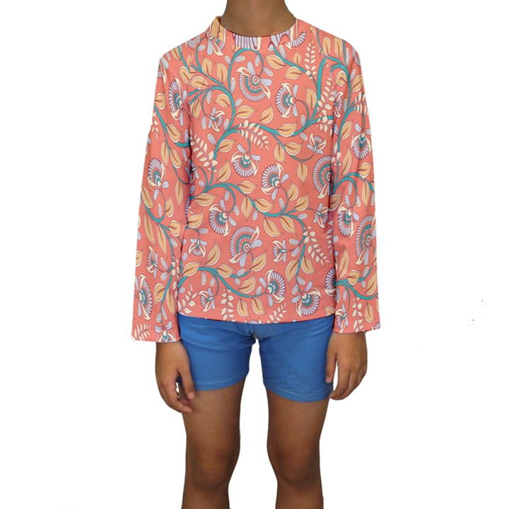 Coral Floral Paisley Kids  Long Sleeve Swimwear