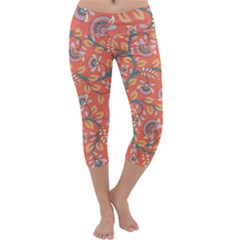 Coral Floral Paisley Capri Yoga Leggings by mccallacoulture