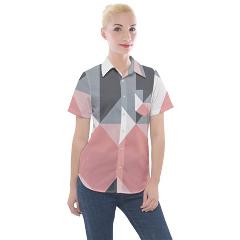 Pink, Gray, And White Geometric Women s Short Sleeve Pocket Shirt by mccallacoulture