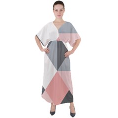 Pink, Gray, And White Geometric V-neck Boho Style Maxi Dress