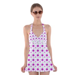 Background Flowers Multicolor Purple Halter Dress Swimsuit 