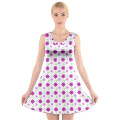 Background Flowers Multicolor Purple V-neck Sleeveless Dress