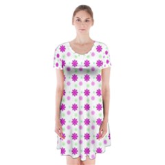 Background Flowers Multicolor Purple Short Sleeve V-neck Flare Dress