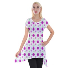 Background Flowers Multicolor Purple Short Sleeve Side Drop Tunic