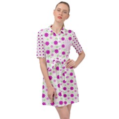 Background Flowers Multicolor Purple Belted Shirt Dress