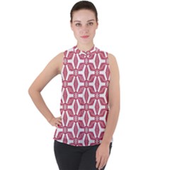 White Red Flowers Texture Mock Neck Chiffon Sleeveless Top