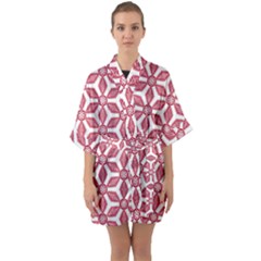 White Red Flowers Texture Half Sleeve Satin Kimono 