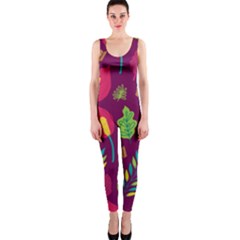 Tropical Flowers On Deep Magenta One Piece Catsuit