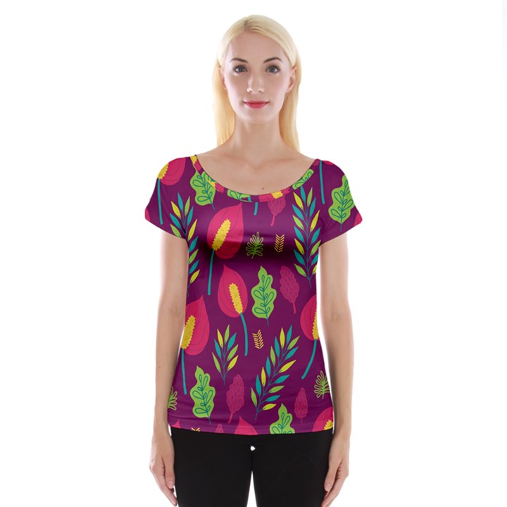 Tropical Flowers on Deep Magenta Cap Sleeve Top