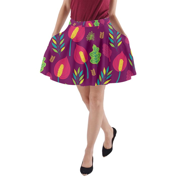 Tropical Flowers on Deep Magenta A-Line Pocket Skirt