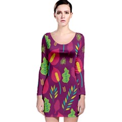 Tropical Flowers On Deep Magenta Long Sleeve Velvet Bodycon Dress