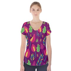 Tropical Flowers On Deep Magenta Short Sleeve Front Detail Top by mccallacoulture