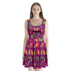 Tropical Flowers On Deep Magenta Split Back Mini Dress  by mccallacoulture