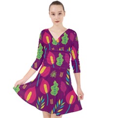 Tropical Flowers On Deep Magenta Quarter Sleeve Front Wrap Dress by mccallacoulture