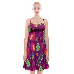 Tropical Flowers On Deep Magenta Spaghetti Strap Velvet Dress