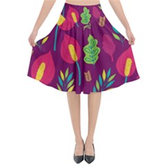 Tropical Flowers On Deep Magenta Flared Midi Skirt