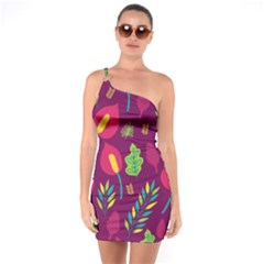 Tropical Flowers On Deep Magenta One Soulder Bodycon Dress