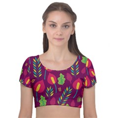 Tropical Flowers On Deep Magenta Velvet Short Sleeve Crop Top  by mccallacoulture