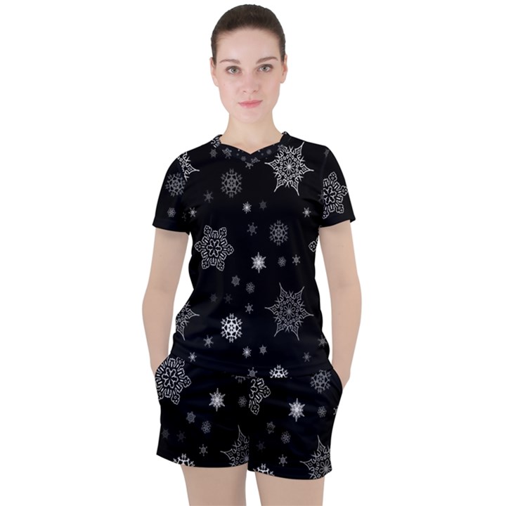 Christmas Snowflake Seamless Pattern With Tiled Falling Snow Women s Tee and Shorts Set