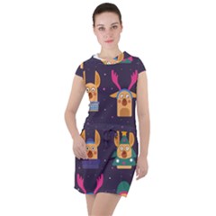 Funny Christmas Pattern With Reindeers Drawstring Hooded Dress by Vaneshart