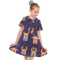 Funny Christmas Pattern With Reindeers Kids  Short Sleeve Shirt Dress by Vaneshart