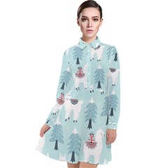 Christmas Tree Cute Lama With Gift Boxes Seamless Pattern Long Sleeve Chiffon Shirt Dress by Vaneshart